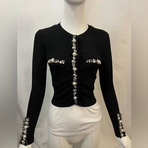 AUTHENTIC Balmain Black Embellished Cardigan with Pearls